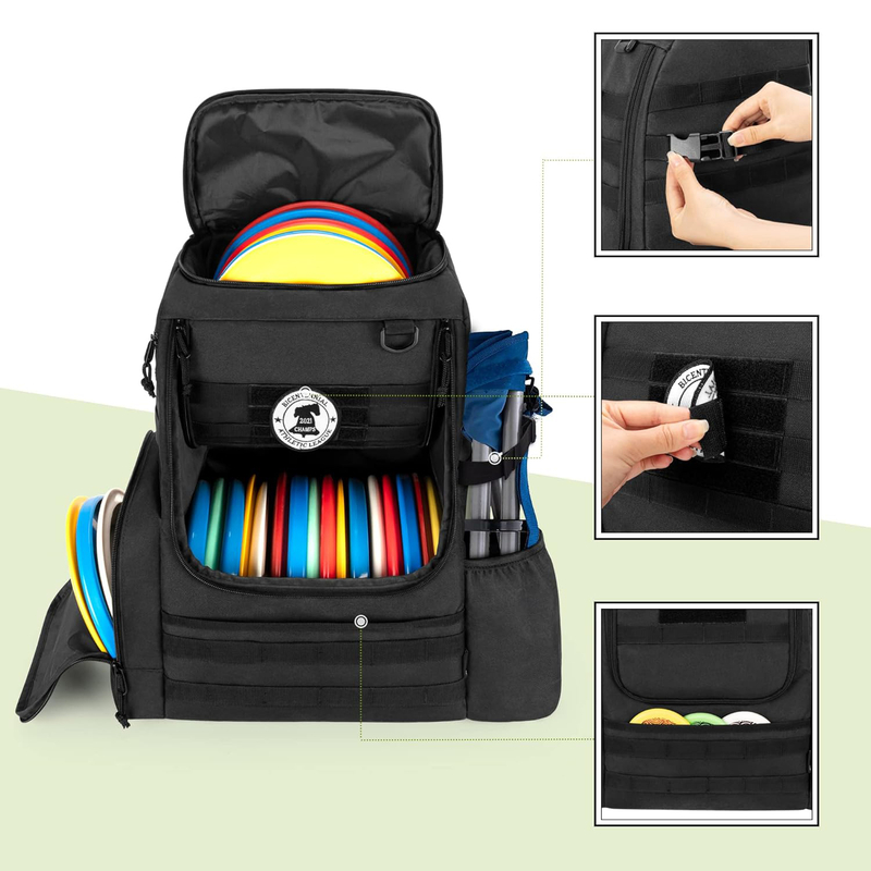 DISC APEX DISC MARCHPACK | Mochila de golf de disco | Almacene hasta 20+ discos | Bolsillo de refrigerador aislado | Bolsas de golf de disco con manga paraguas | Bolsas de seguridad para billeteras o teclas Material de nylon Cordura