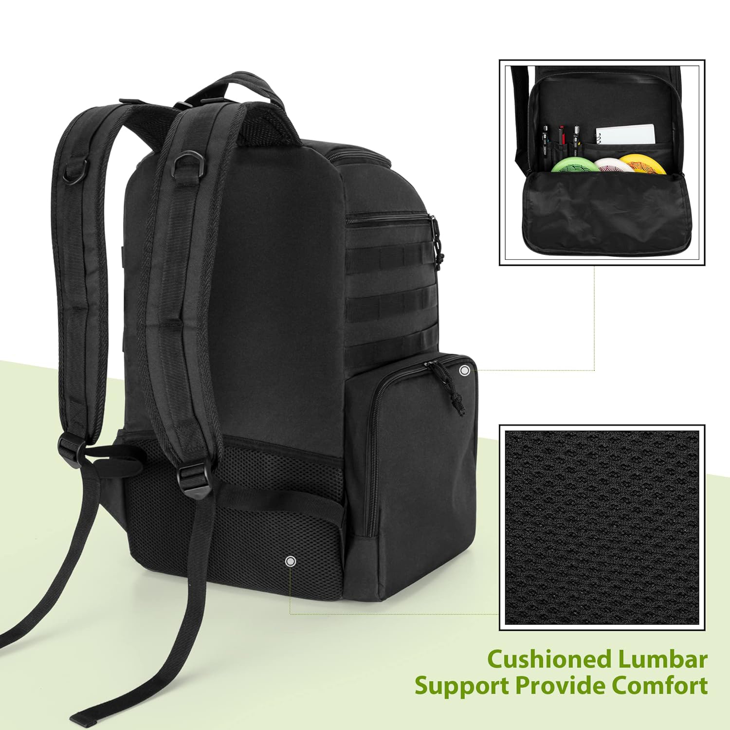 DISC APEX DISC MARCHPACK | Mochila de golf de disco | Almacene hasta 20+ discos | Bolsillo de refrigerador aislado | Bolsas de golf de disco con manga paraguas | Bolsas de seguridad para billeteras o teclas Material de nylon Cordura