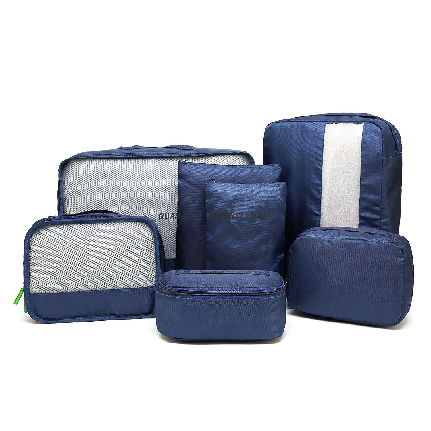 Bolsa organizadora de viaje personalizada a la moda BOLSA plegable 7 juegos livianos a granel Poliéster Ziplock Reciclado Negro Maquillaje Lavado Bolsa de cosméticos y estuche personalizado Impermeable