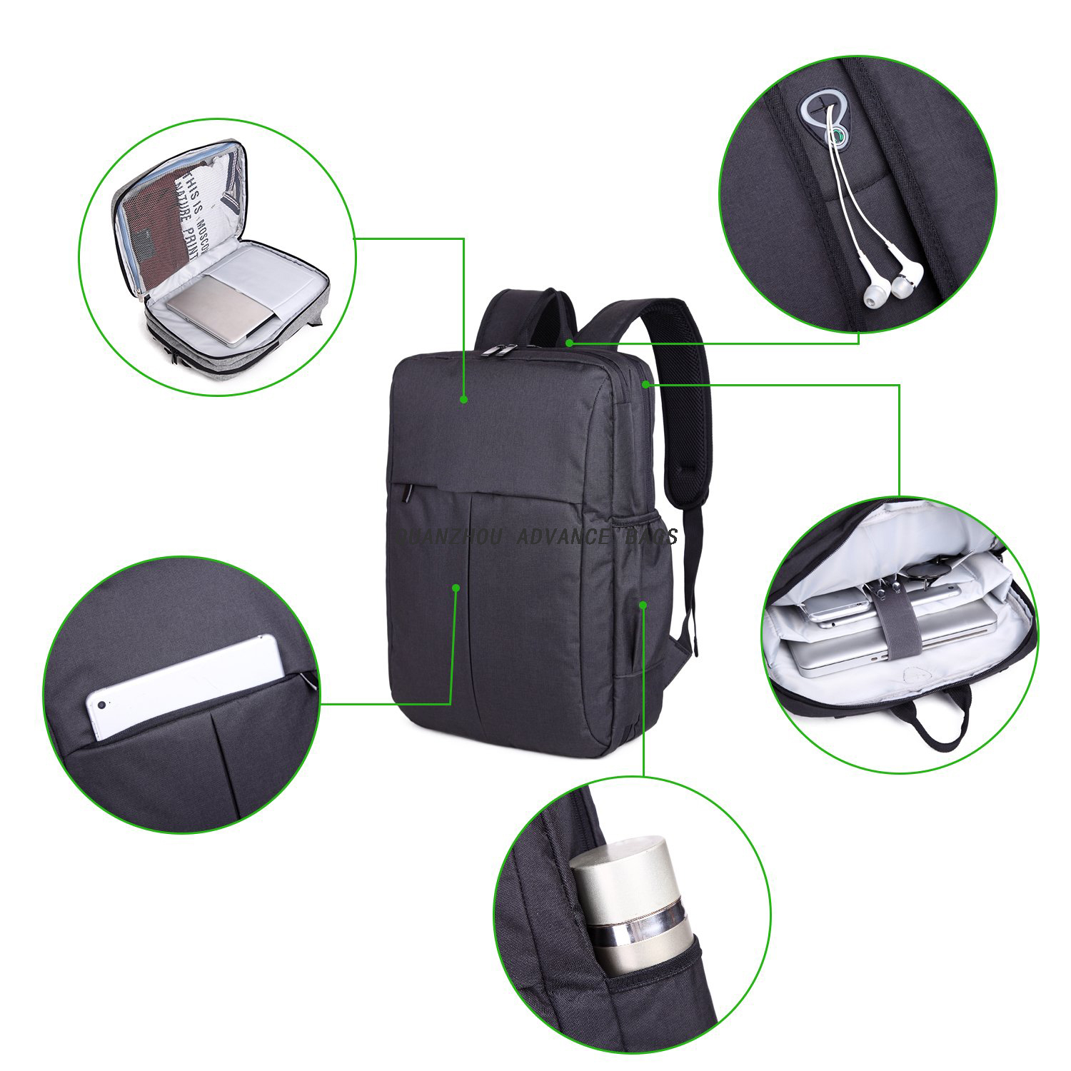 Venta caliente Viajes negocios Mochila USB Charginig Mochila para computadora portátil Deporte al aire libre y ocio Mochila negra