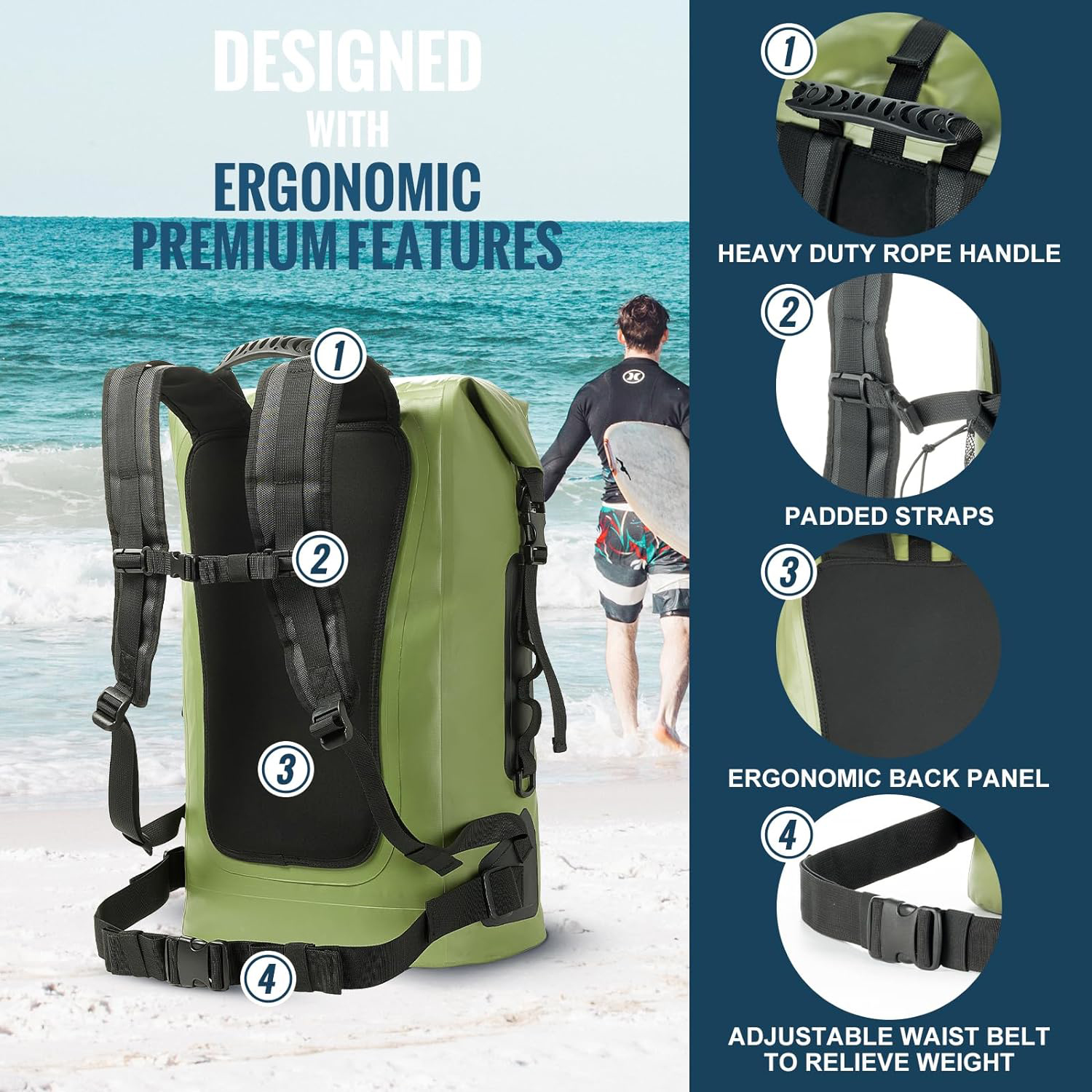 2024 suministro una mochila impermeable de bolsa seca para hombres y mujeres, 25L, mediano/grande, enrollable, para navegar, kayak, buceo, caminata, motocicleta +bolsillos flotantes, livianos y de botella de agua