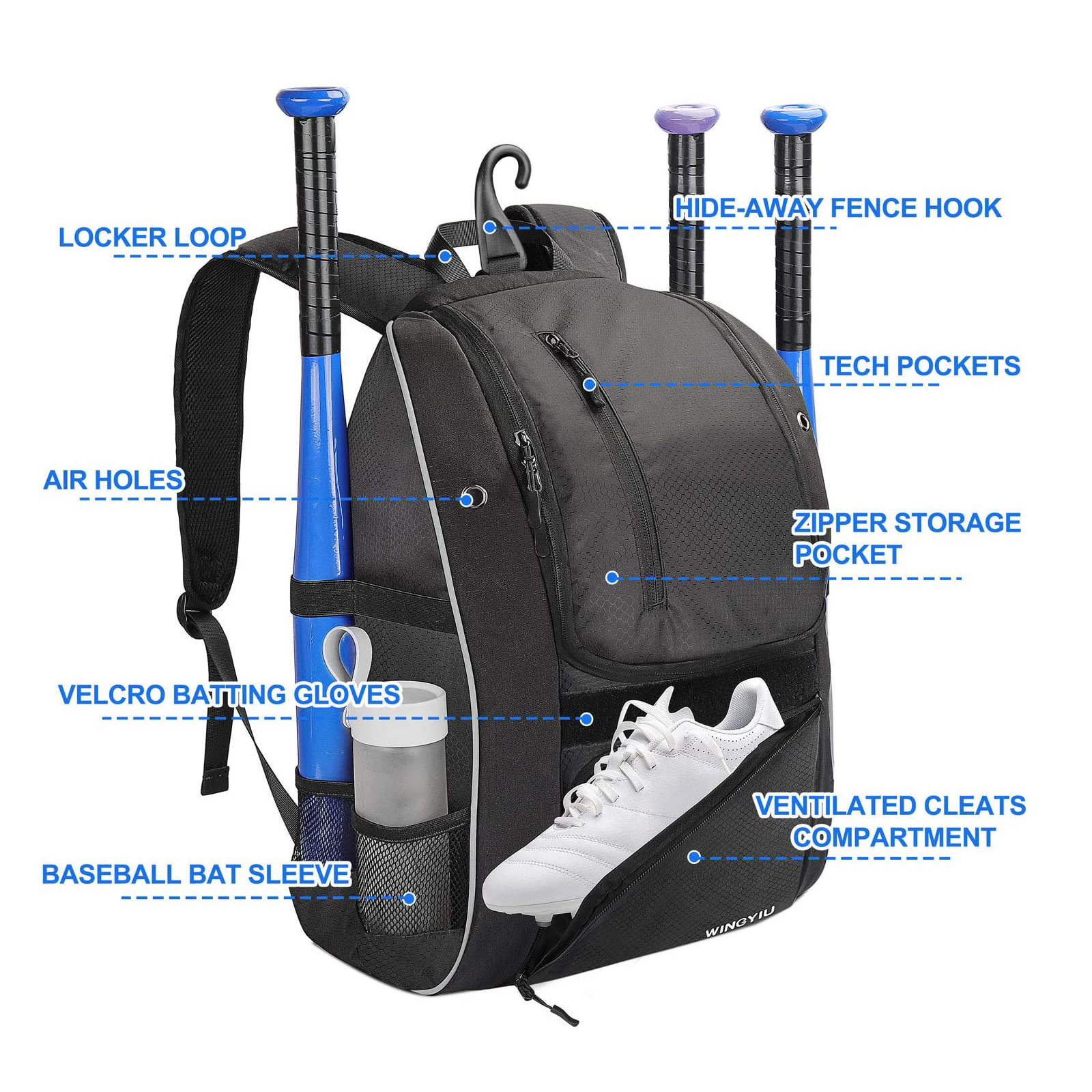 Mochila de béisbol de gimnasio para hombres bolsas de fútbol con ballcompartment y compartimento de zapatos para béisbol, fútbol, ​​entrenamiento de voleibol