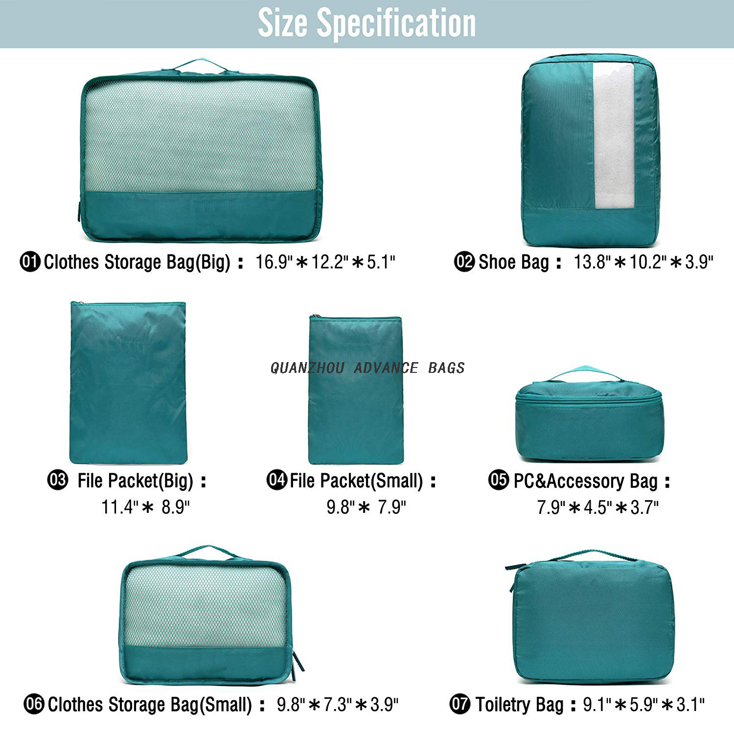 Bolsa organizadora de viaje personalizada a la moda BOLSA plegable 7 juegos livianos a granel Poliéster Ziplock Reciclado Negro Maquillaje Lavado Bolsa de cosméticos y estuche personalizado Impermeable