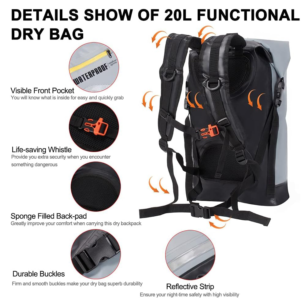 2024 suministro una mochila impermeable de bolsa seca para hombres y mujeres, 25L, mediano/grande, enrollable, para navegar, kayak, buceo, caminata, motocicleta +bolsillos flotantes, livianos y de botella de agua