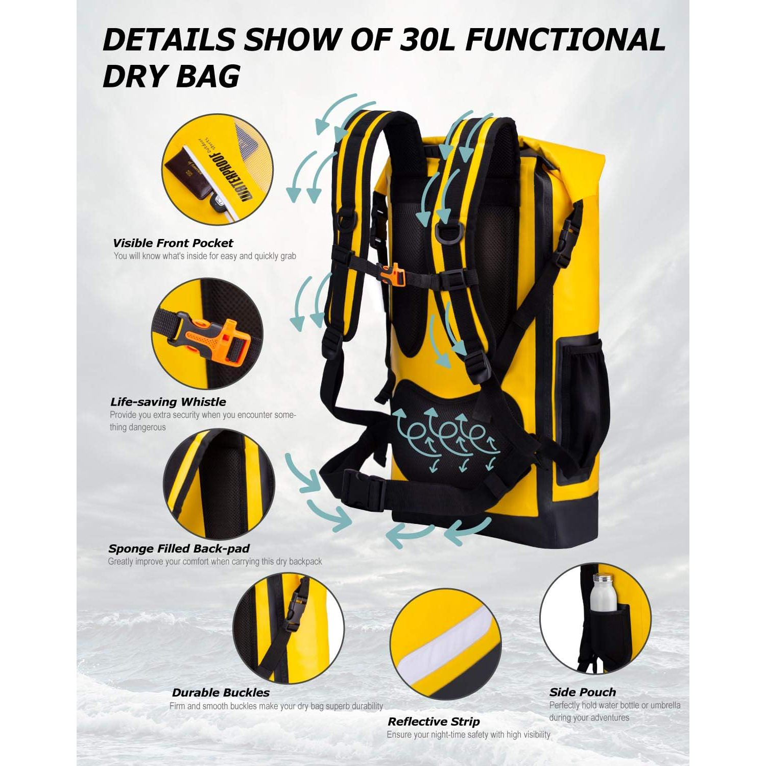 Mochila seca Bolsa impermeable de 30 litros de 30 litros flotantes secos con bolsillo acolchado interno para kayak, paseos en bote, surf, pesca, rafting, natación, senderismo