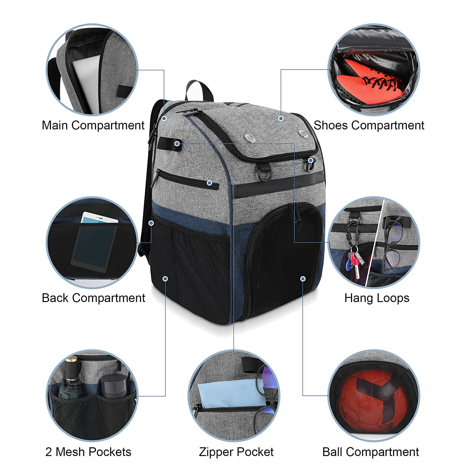 Mochila de baloncesto GYM para hombre, bolsa de fútbol con compartimento para pelotas y compartimento para zapatos para baloncesto, fútbol, ​​entrenamiento de voleibol