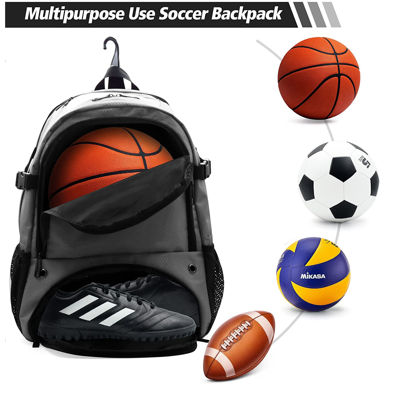 Mochila de baloncesto para hombres, bolsa de fútbol con compartimento para pelotas y compartimento para zapatos para baloncesto, fútbol, ​​entrenamiento de voleibol