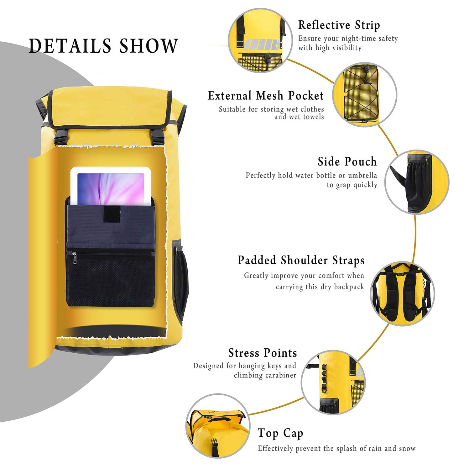 2024 suministro una mochila impermeable de bolsa seca para hombres y mujeres, 25L, mediano/grande, enrollable, para navegar, kayak, buceo, caminata, motocicleta +bolsillos flotantes, livianos y de botella de agua