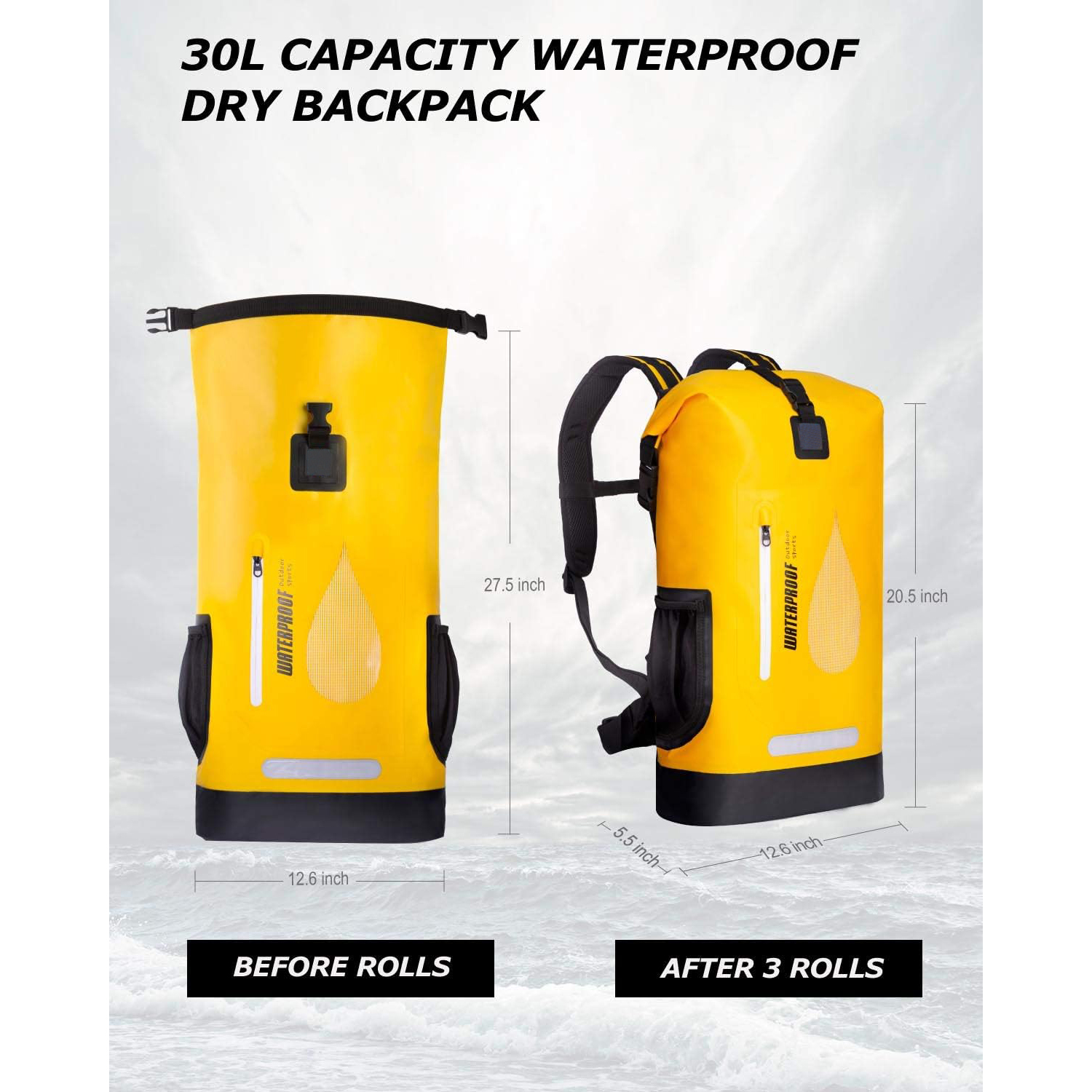 Mochila seca Bolsa impermeable de 30 litros de 30 litros flotantes secos con bolsillo acolchado interno para kayak, paseos en bote, surf, pesca, rafting, natación, senderismo