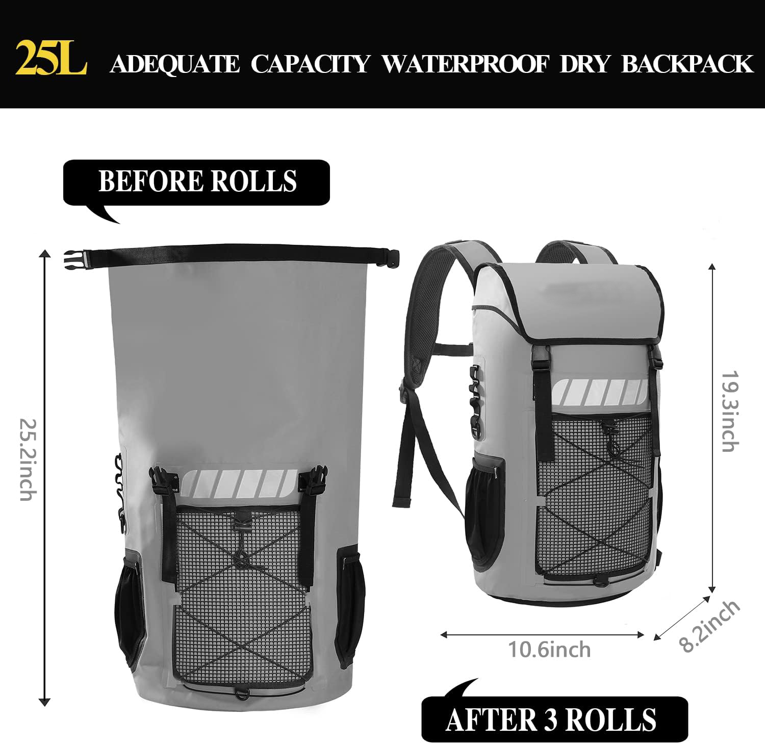 2024 suministro una mochila impermeable de bolsa seca para hombres y mujeres, 25L, mediano/grande, enrollable, para navegar, kayak, buceo, caminata, motocicleta +bolsillos flotantes, livianos y de botella de agua