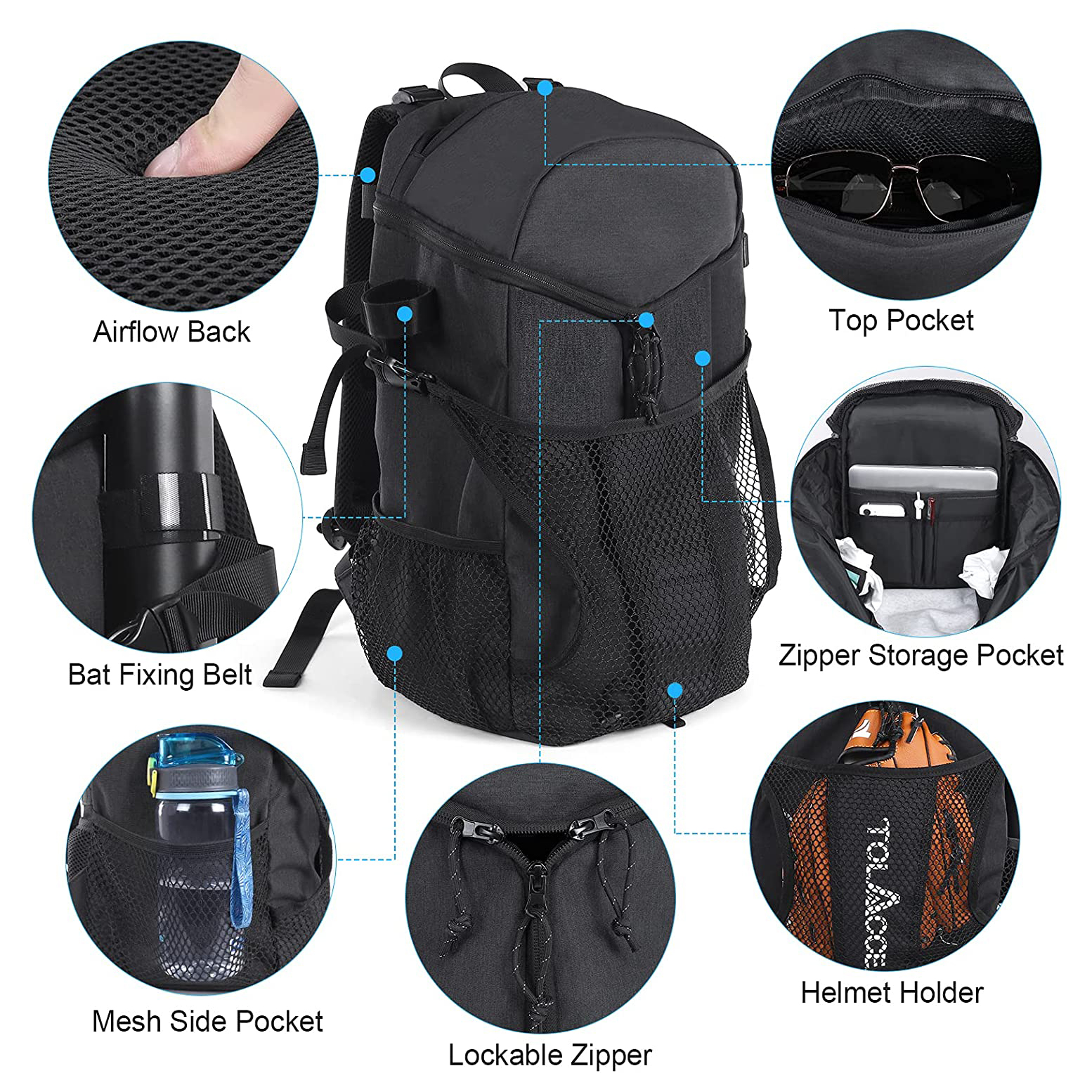 Mochila de béisbol de gimnasio para hombres bolsas de fútbol con ballcompartment y compartimento de zapatos para béisbol, fútbol, ​​entrenamiento de voleibol Basepall bols