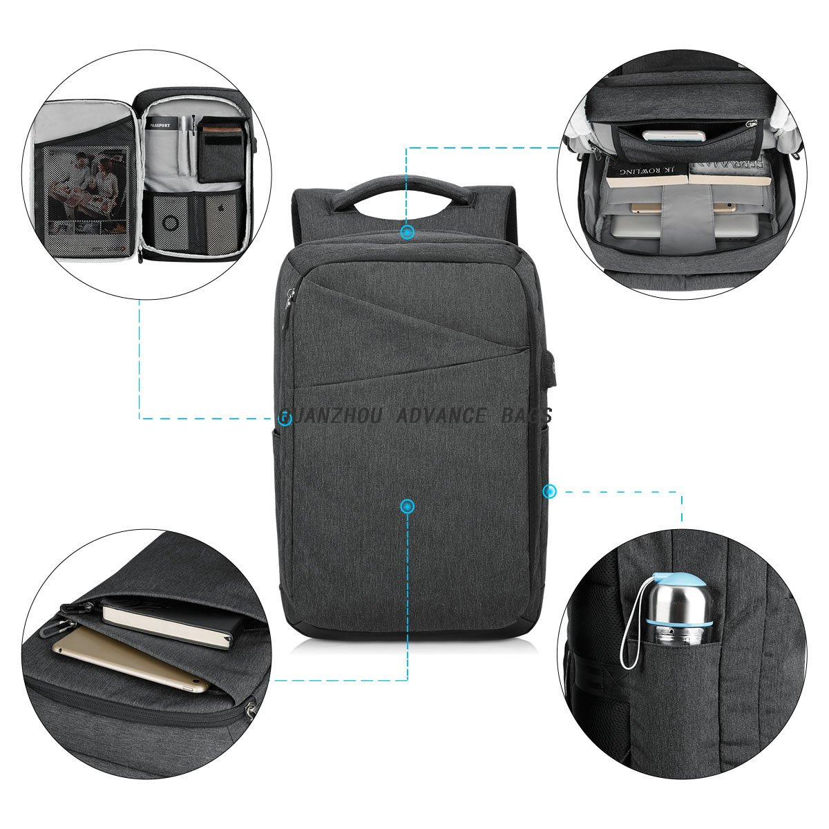 Business USB Charginig Mochila de viaje para negocios y ocio Mochila para computadora portátil Mochila impermeable para la universidad