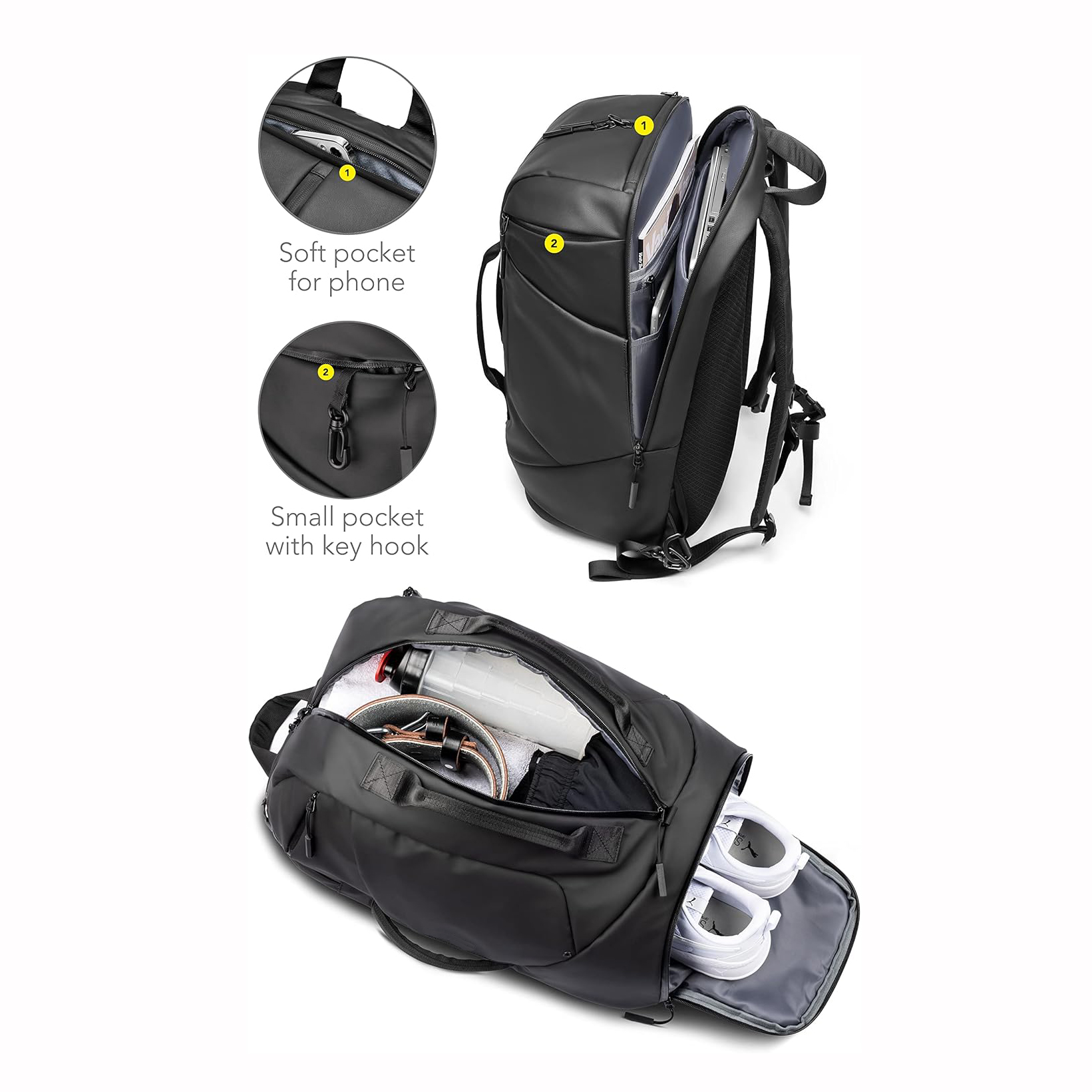 Mochila para la computadora portátil mochila de bolsas de gimnasia convertible para hombres y mujeres mochila de viajes con computadora portátil y calzado compartimento y bolso de lona para gimnasio, trabajo, deportes (35L)