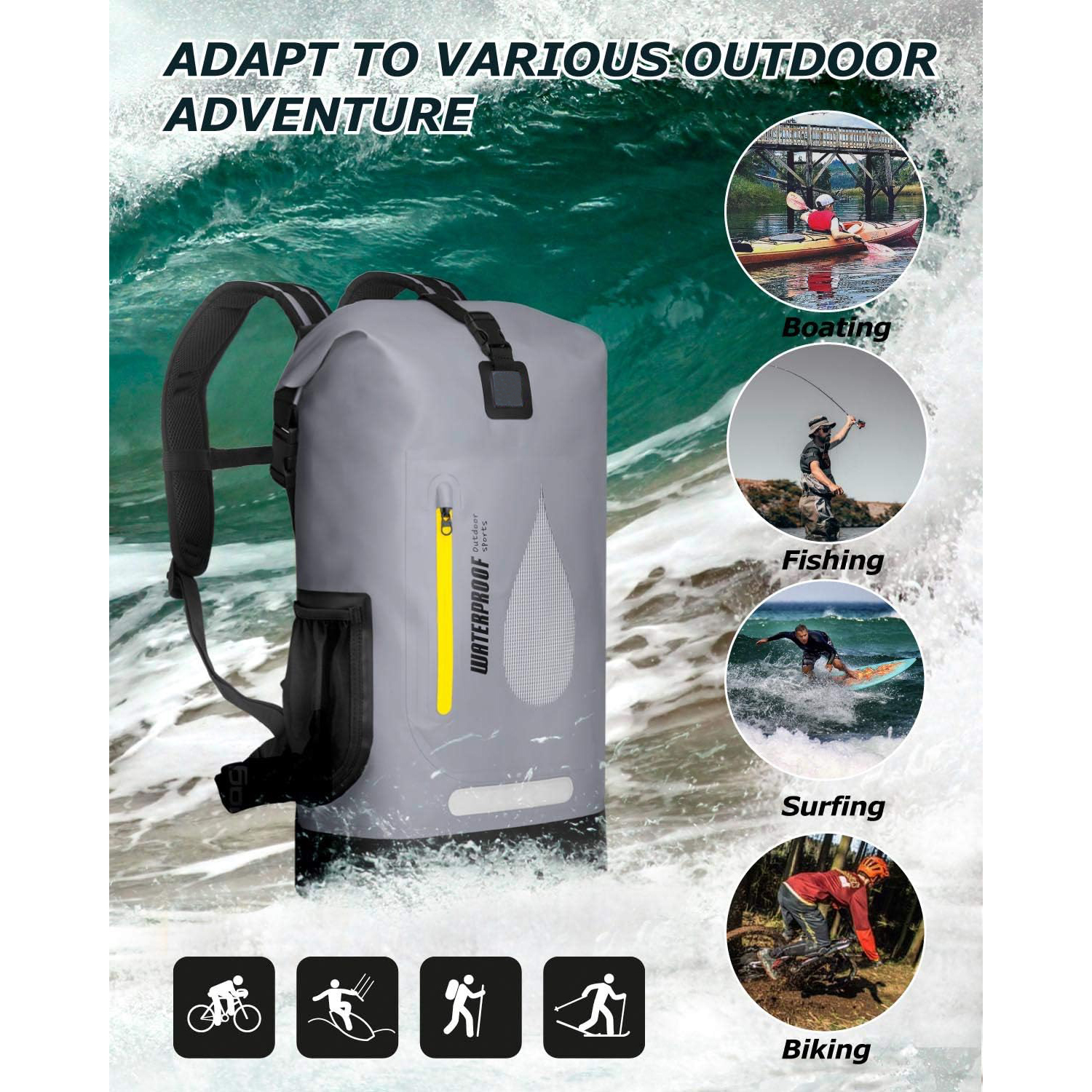 Mochila seca Bolsa impermeable de 30 litros de 30 litros flotantes secos con bolsillo acolchado interno para kayak, paseos en bote, surf, pesca, rafting, natación, senderismo