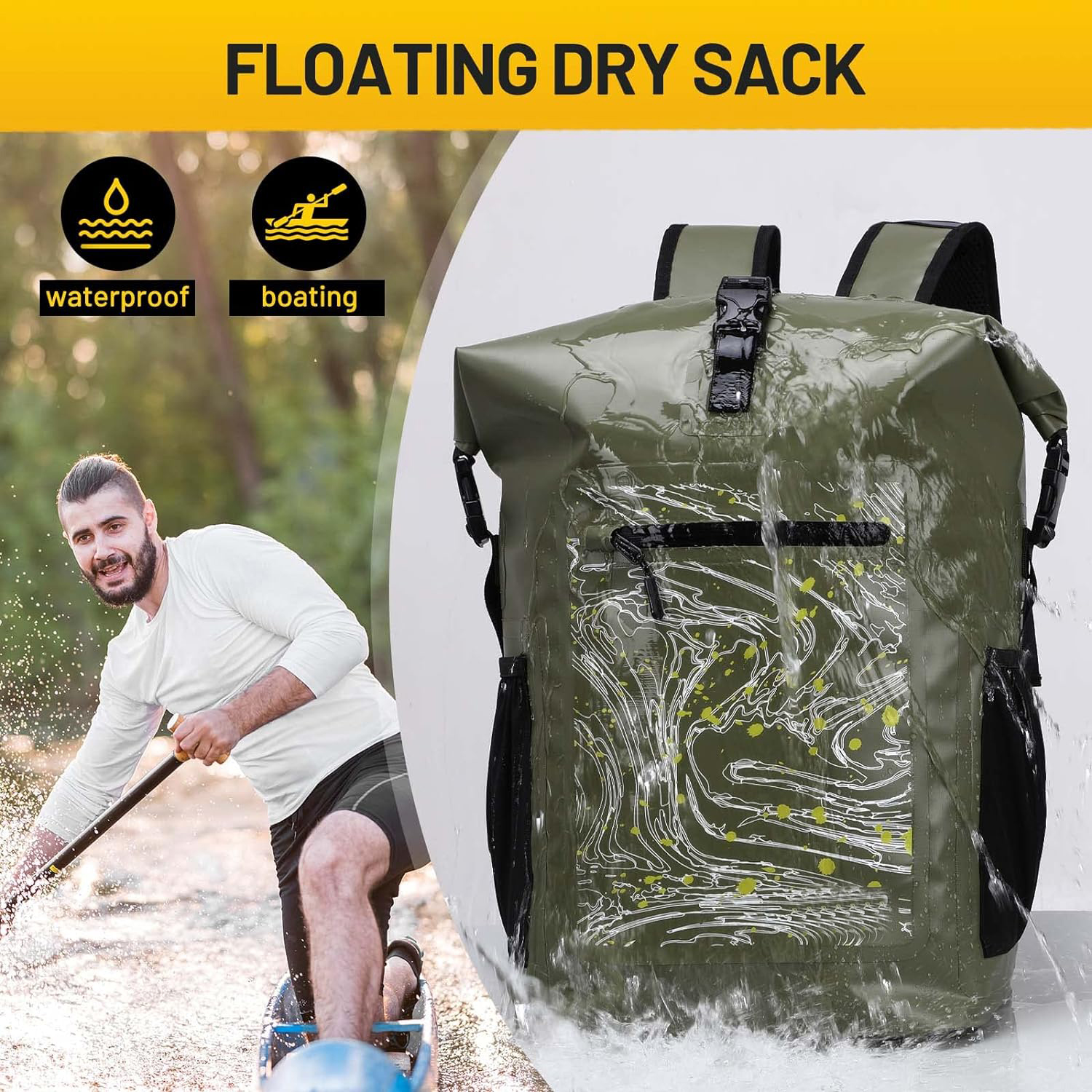 Mochila seca Bolsa impermeable de 30 litros de 30 litros flotantes secos con bolsillo acolchado interno para kayak, paseos en bote, surf, pesca, rafting, natación, senderismo