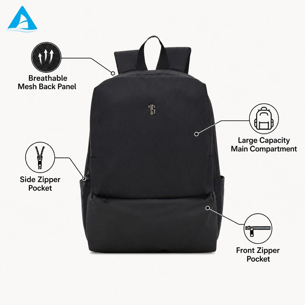 Mochila minimalista de nailon acanalado negro, mochila delgada y ligera para viajes diarios con múltiples bolsillos con cremallera para la escuela y la Oficina