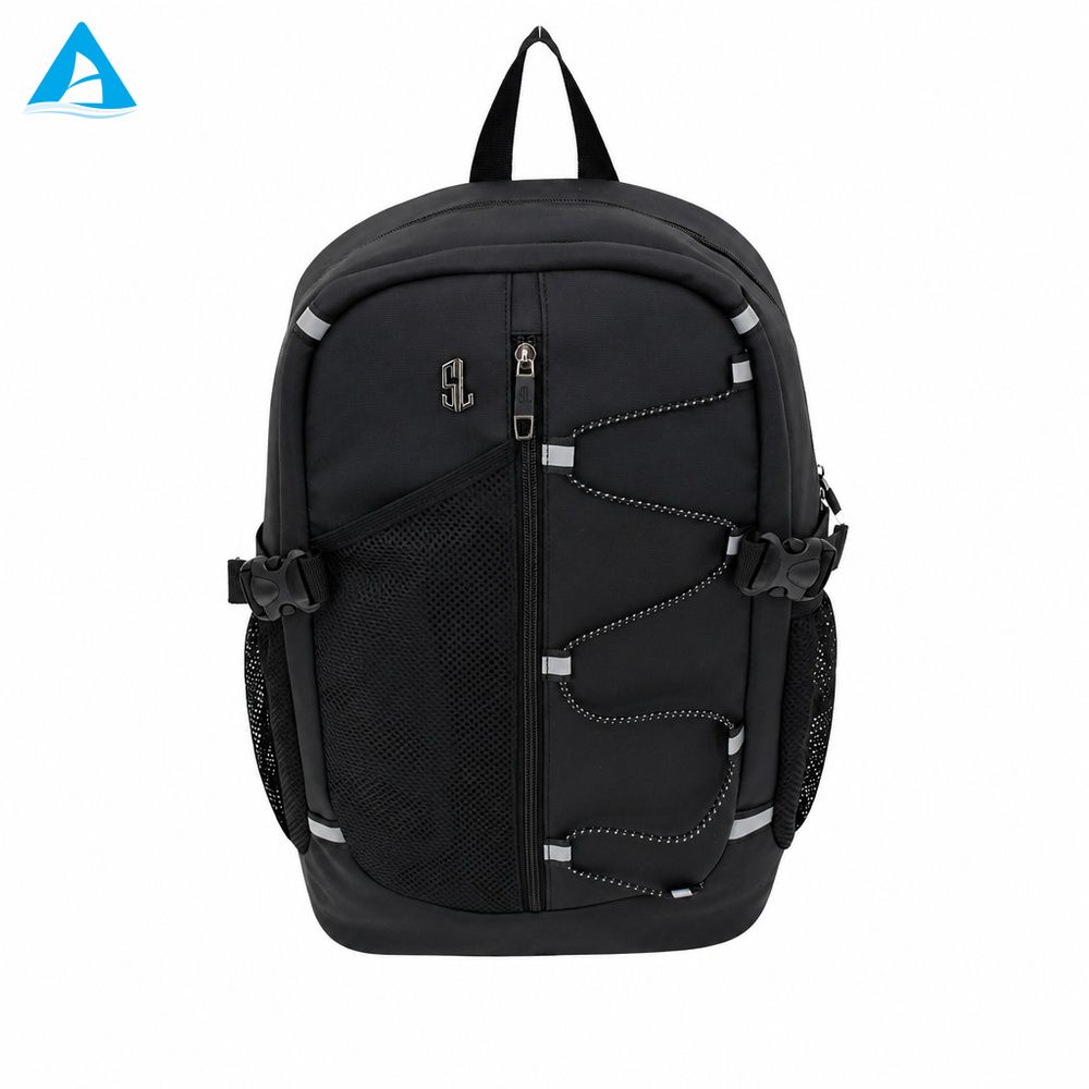 Mochila al aire libre de PU duradera personalizada, adorno reflectante, mochila deportiva resistente al agua para ordenador portátil, cordón elástico para senderismo y viajes, venta al por mayor