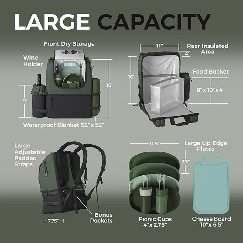 Mochila enfriadora de Picnic con aislamiento de gran capacidad personalizada, bolsa térmica multifuncional con juego completo de bolsillo para vajilla