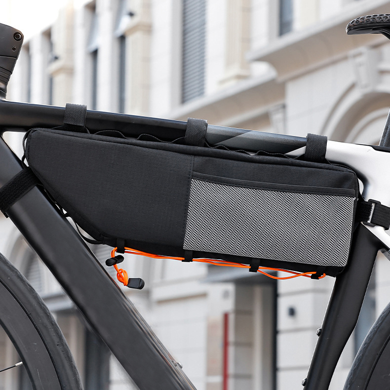 Bolsa de viga transversal de tubo inferior de bicicleta de carretera de montaña de gran capacidad impermeable de poliéster con cierre de cremallera para deportes al aire libre
