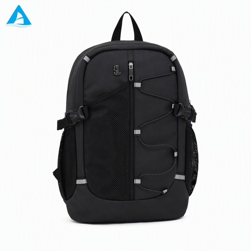 Mochila al aire libre de PU duradera personalizada, adorno reflectante, mochila deportiva resistente al agua para ordenador portátil, cordón elástico para senderismo y viajes, venta al por mayor