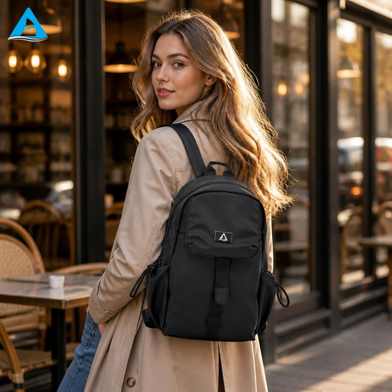 Bolso de hombro negro Mochila pequeña de nailon de primera calidad resistente al agua con bolsillo con solapa y bolsillos laterales con cordón para uso diario