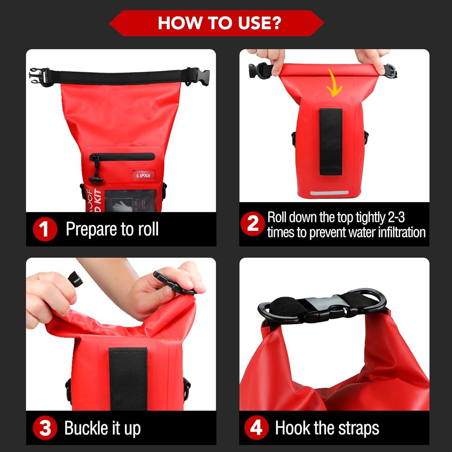 Botiquín de primeros auxilios impermeable, bolsa seca enrollable de PVC, bolsa de emergencia médica con ventana Visual transparente, tiras reflectantes para exteriores