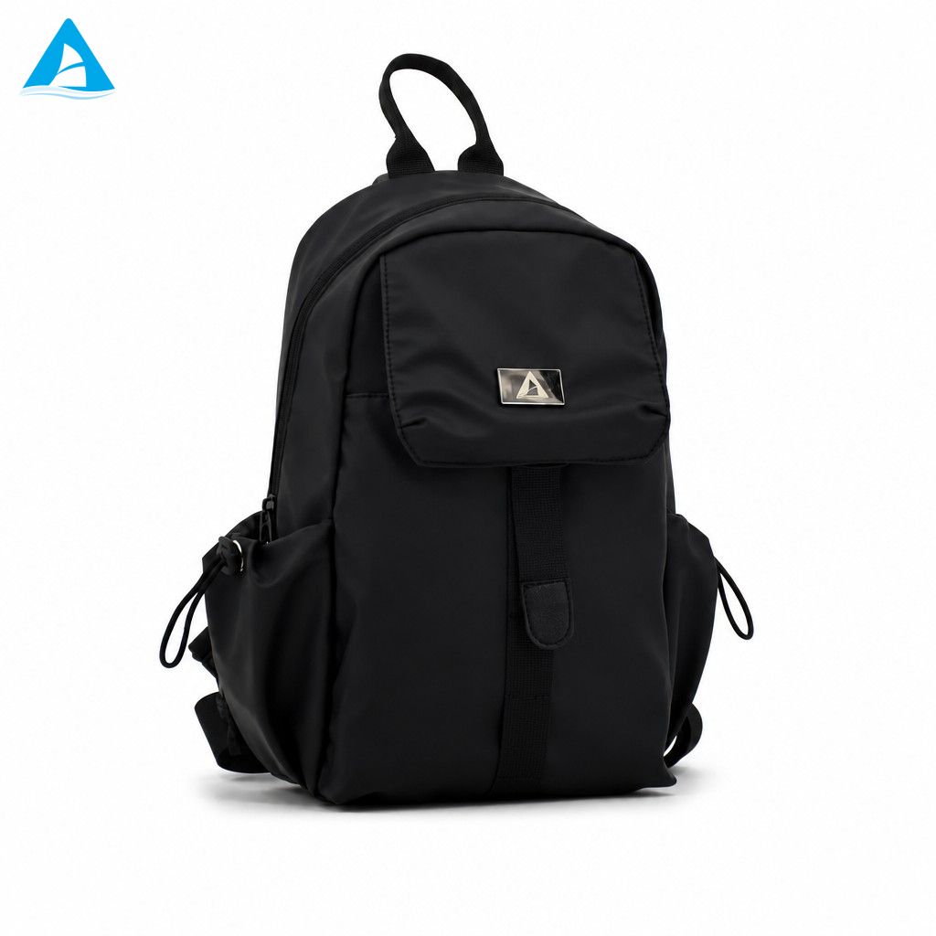 Bolso de hombro negro Mochila pequeña de nailon de primera calidad resistente al agua con bolsillo con solapa y bolsillos laterales con cordón para uso diario