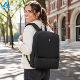 Mochila minimalista de nailon acanalado negro, mochila delgada y ligera para viajes diarios con múltiples bolsillos con cremallera para la escuela y la Oficina