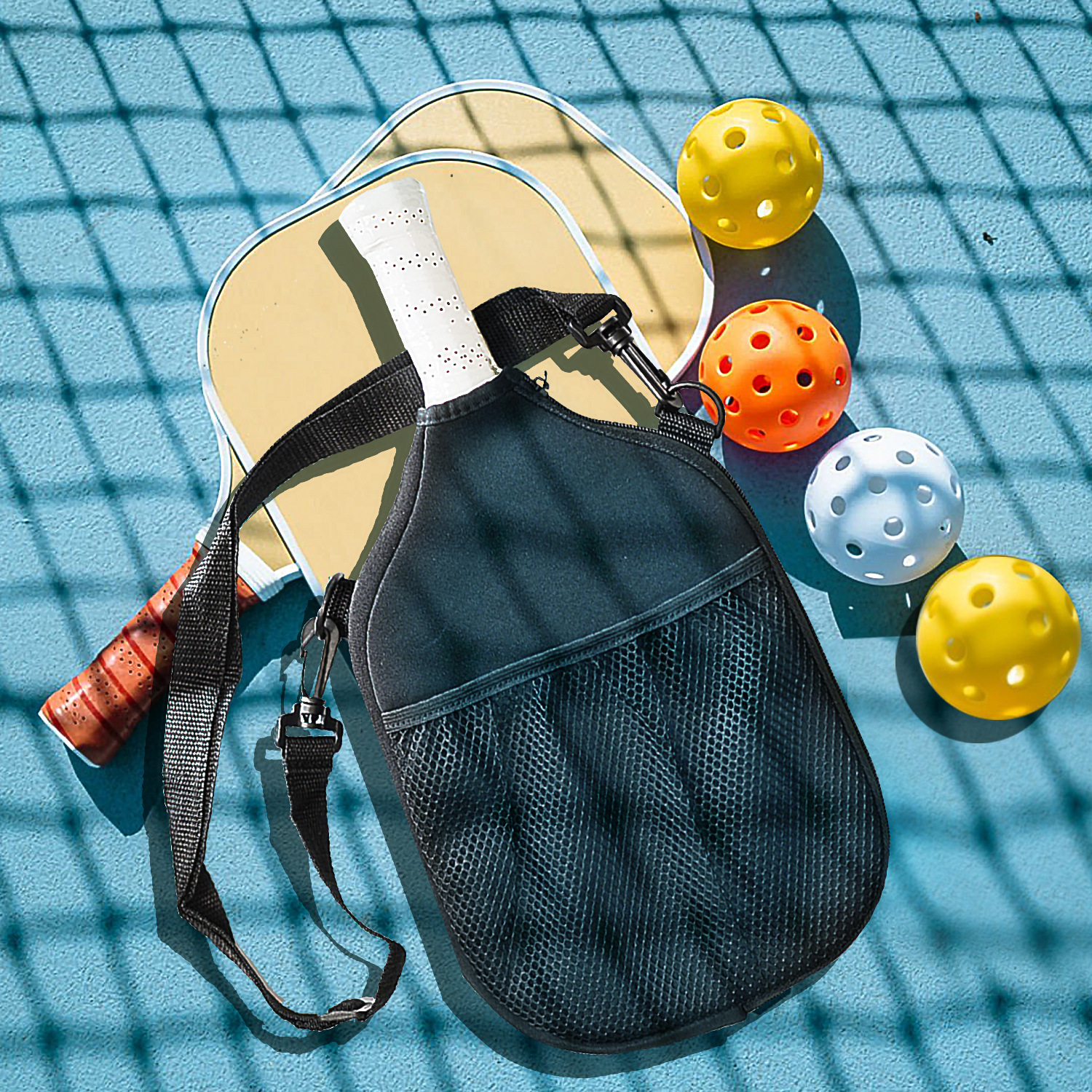 Pickleball Paddle Bag Mochila de neopreno con bolsillo de malla, correa ajustable para hombres y mujeres, deportes al aire libre