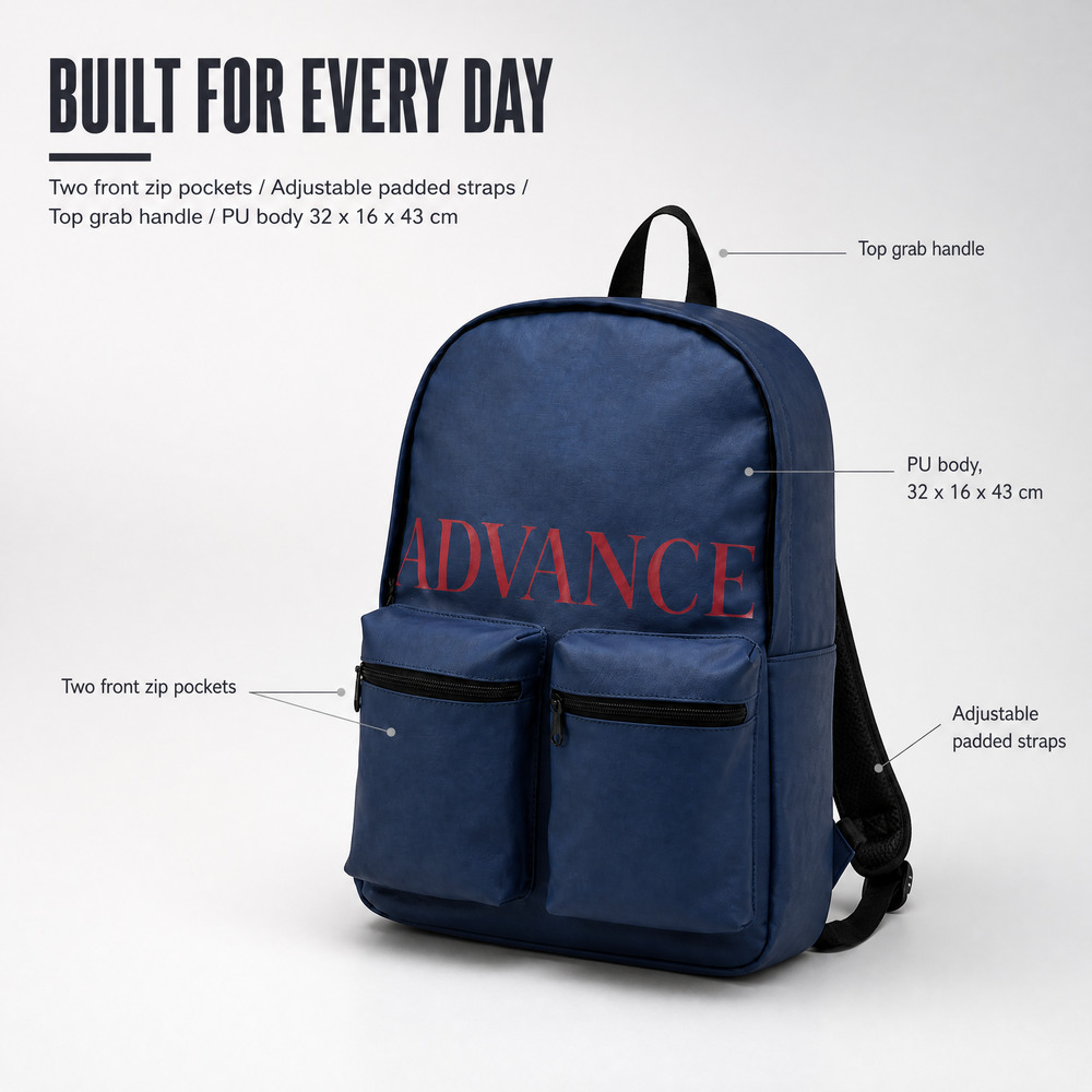Mochila informal de PU con logotipo personalizado, mochila deportiva ligera y diaria con dos bolsillos delanteros con cremallera para bolsa de regalo promocional