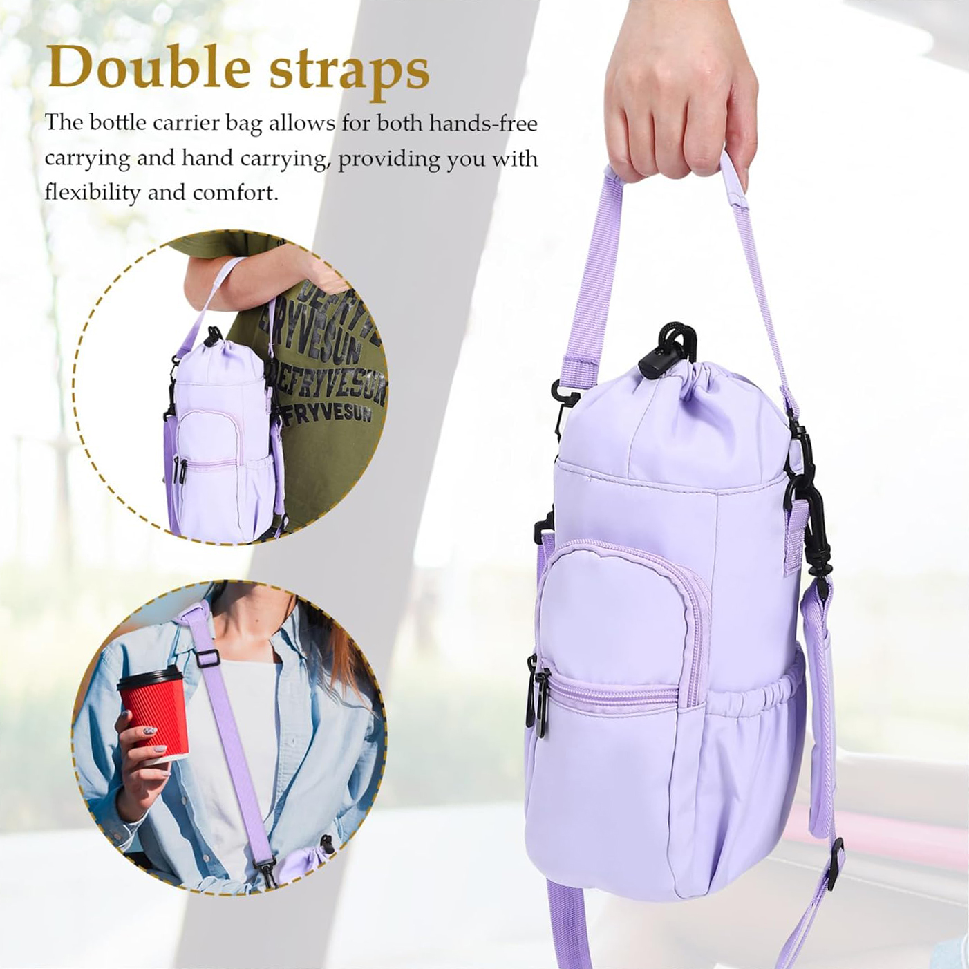 Bolso cruzado portátil personalizado para botella de agua con cordón, bolso ligero con aislamiento para taza de agua, con múltiples bolsillos de almacenamiento