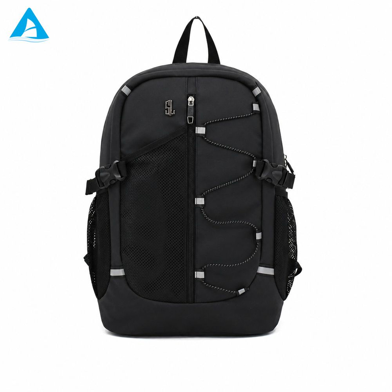 Mochila al aire libre de PU duradera personalizada, adorno reflectante, mochila deportiva resistente al agua para ordenador portátil, cordón elástico para senderismo y viajes, venta al por mayor