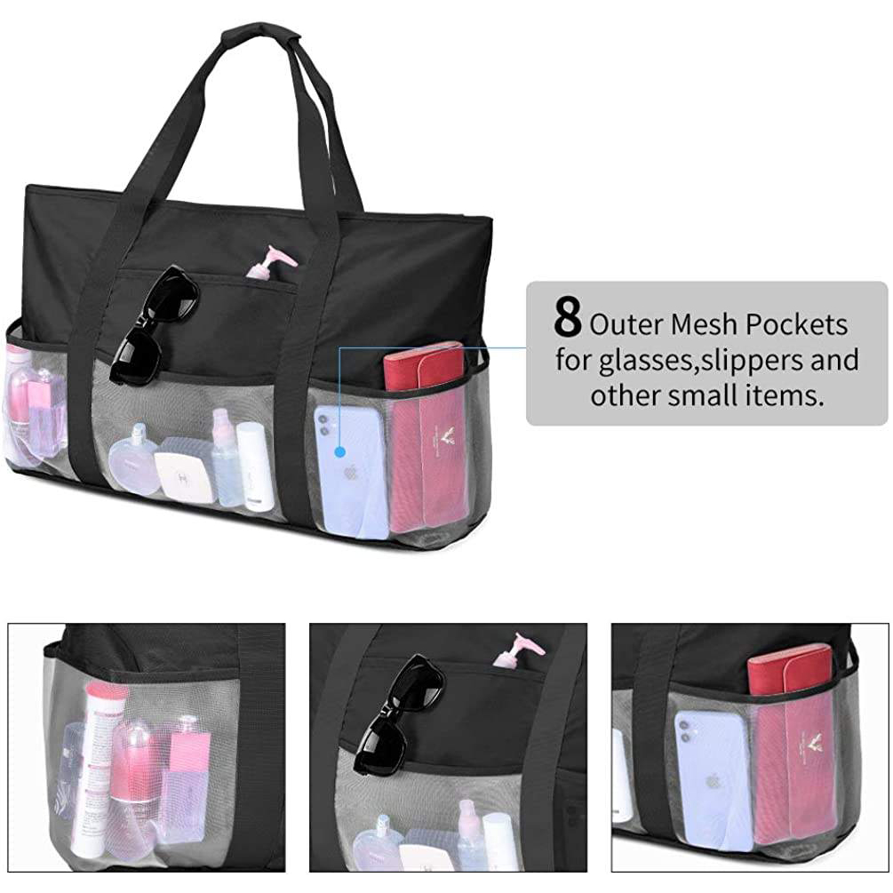 Bolsa de almacenamiento de playa impermeable de gran capacidad con logotipo personalizado y 8 bolsillos exteriores de malla para uso en bebés y maternidad