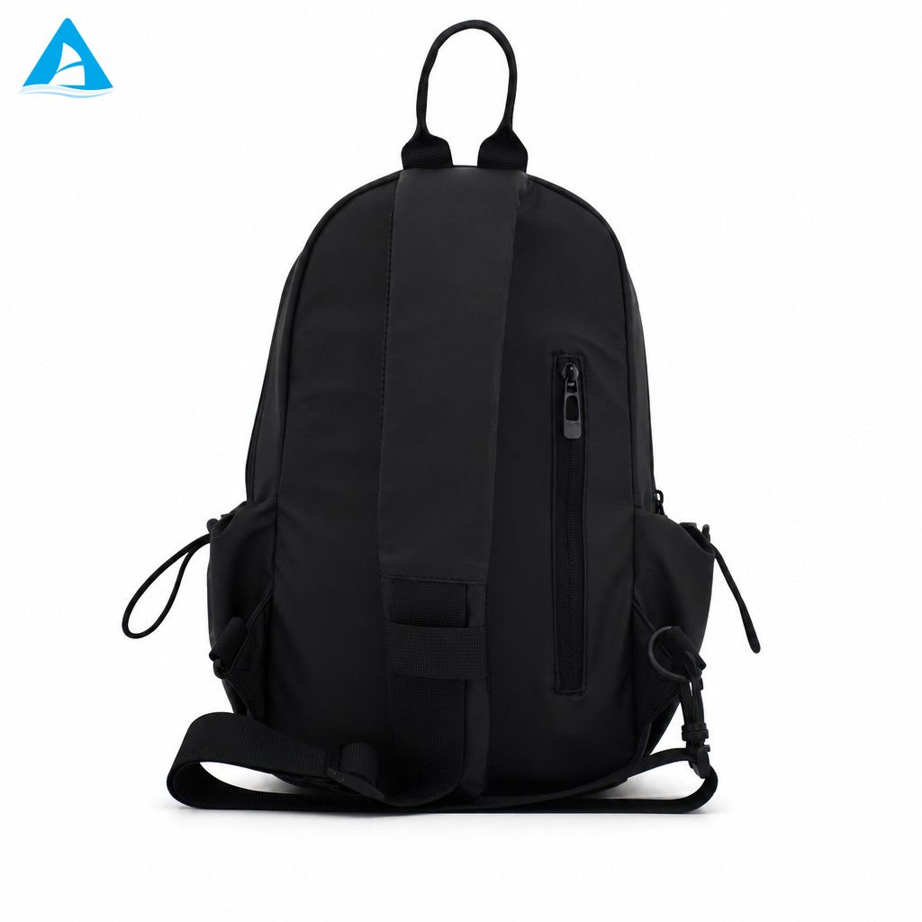 Bolso de hombro negro Mochila pequeña de nailon de primera calidad resistente al agua con bolsillo con solapa y bolsillos laterales con cordón para uso diario
