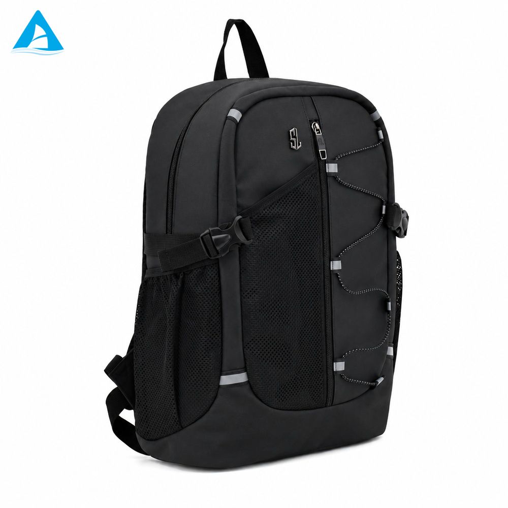 Mochila al aire libre de PU duradera personalizada, adorno reflectante, mochila deportiva resistente al agua para ordenador portátil, cordón elástico para senderismo y viajes, venta al por mayor