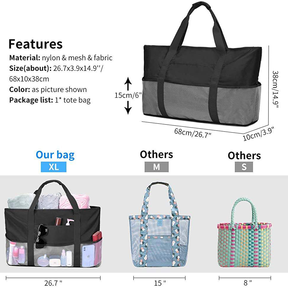 Bolsa de almacenamiento de playa impermeable de gran capacidad con logotipo personalizado y 8 bolsillos exteriores de malla para uso en bebés y maternidad
