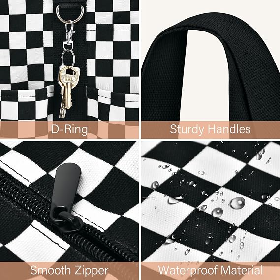 Bolso de mano para mujer con patrón de tablero de ajedrez impermeable a la moda, bolso de viaje portátil con múltiples bolsillos de gran capacidad