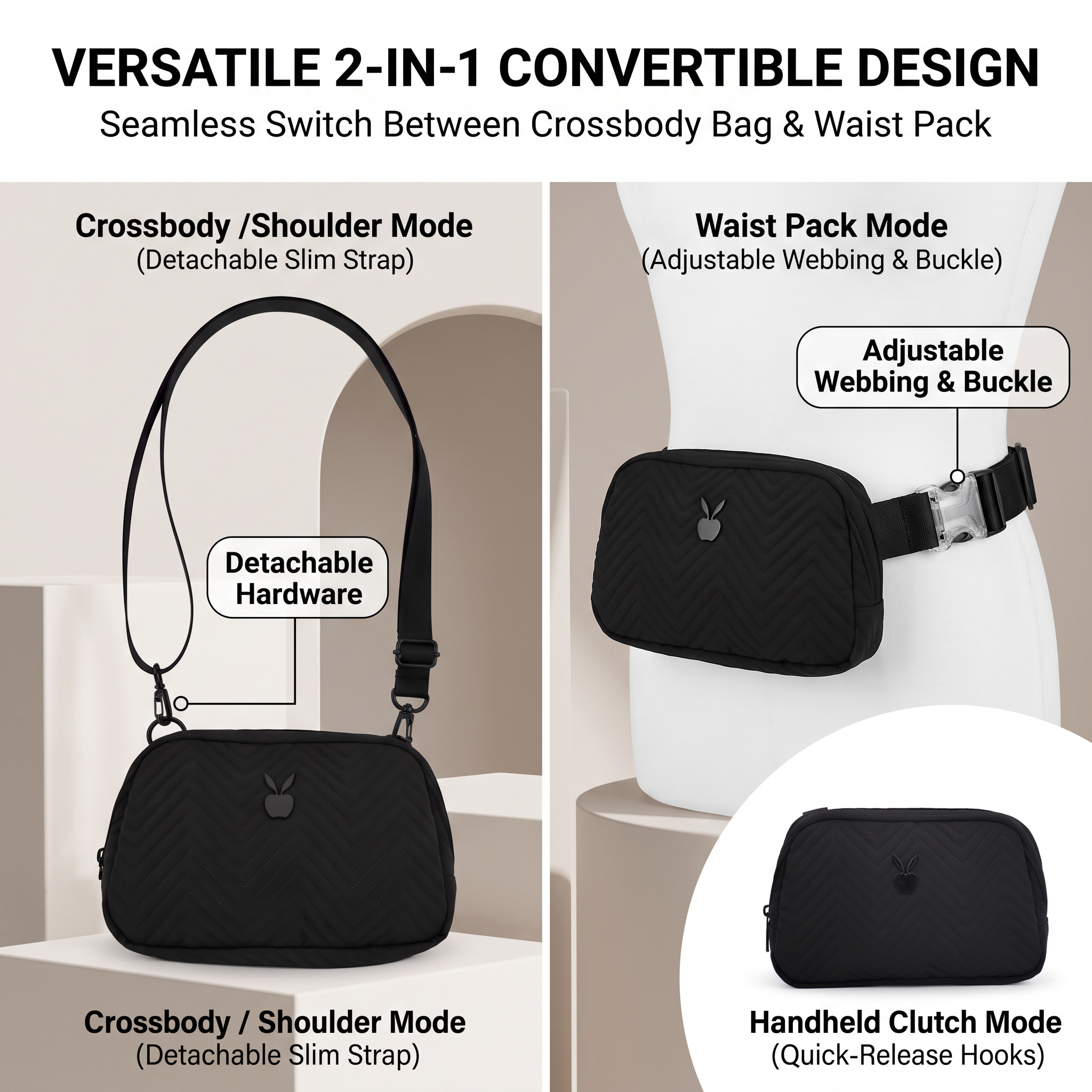 Bolso bandolera convertible 2 en 1, pequeño bolso acolchado en la cintura, bolso de hombro ligero con correa desmontable para viajes y uso diario