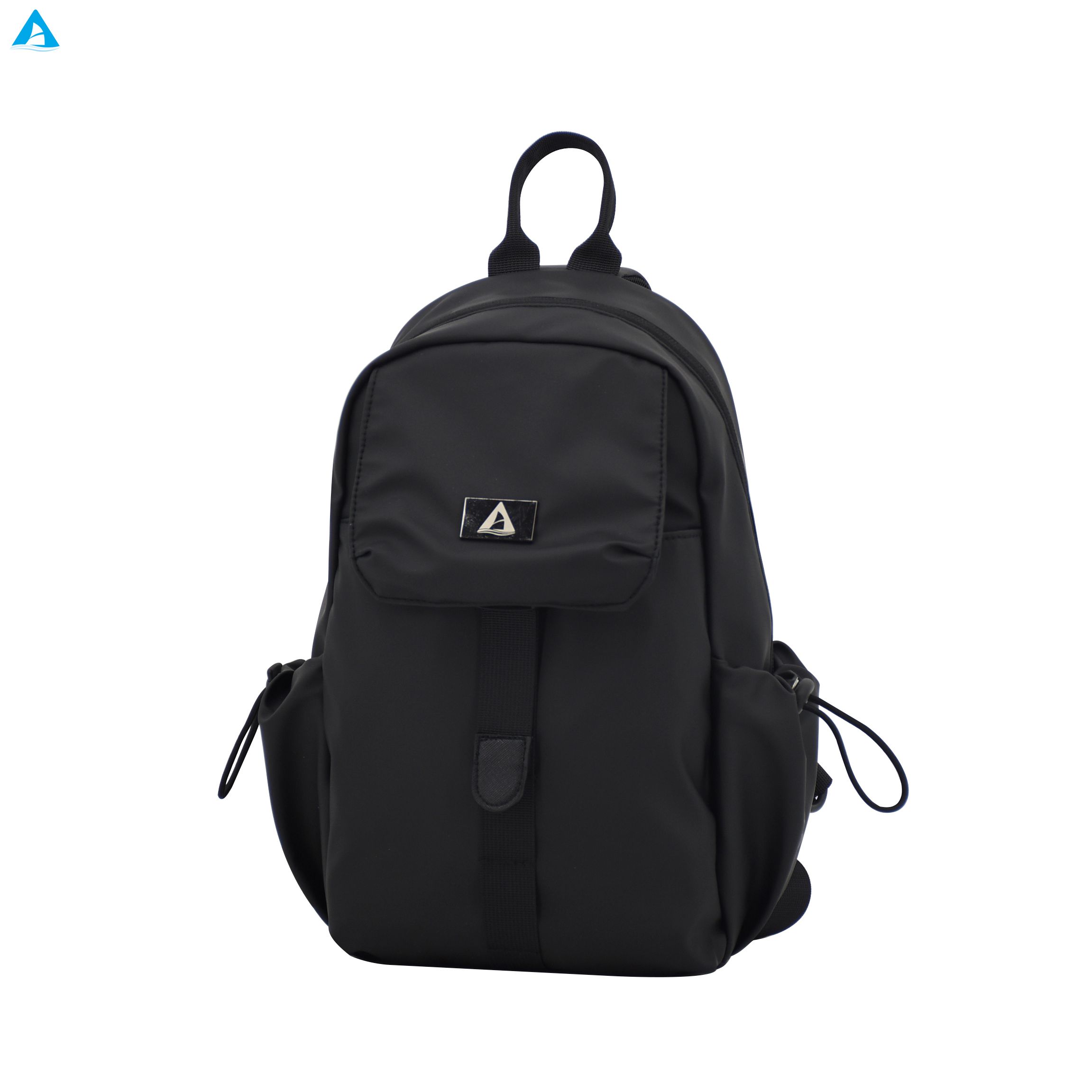 Bolso de hombro negro Mochila pequeña de nailon de primera calidad resistente al agua con bolsillo con solapa y bolsillos laterales con cordón para uso diario