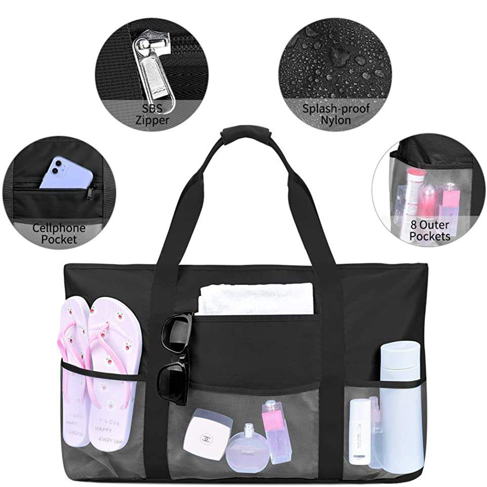 Bolsa de almacenamiento de playa impermeable de gran capacidad con logotipo personalizado y 8 bolsillos exteriores de malla para uso en bebés y maternidad