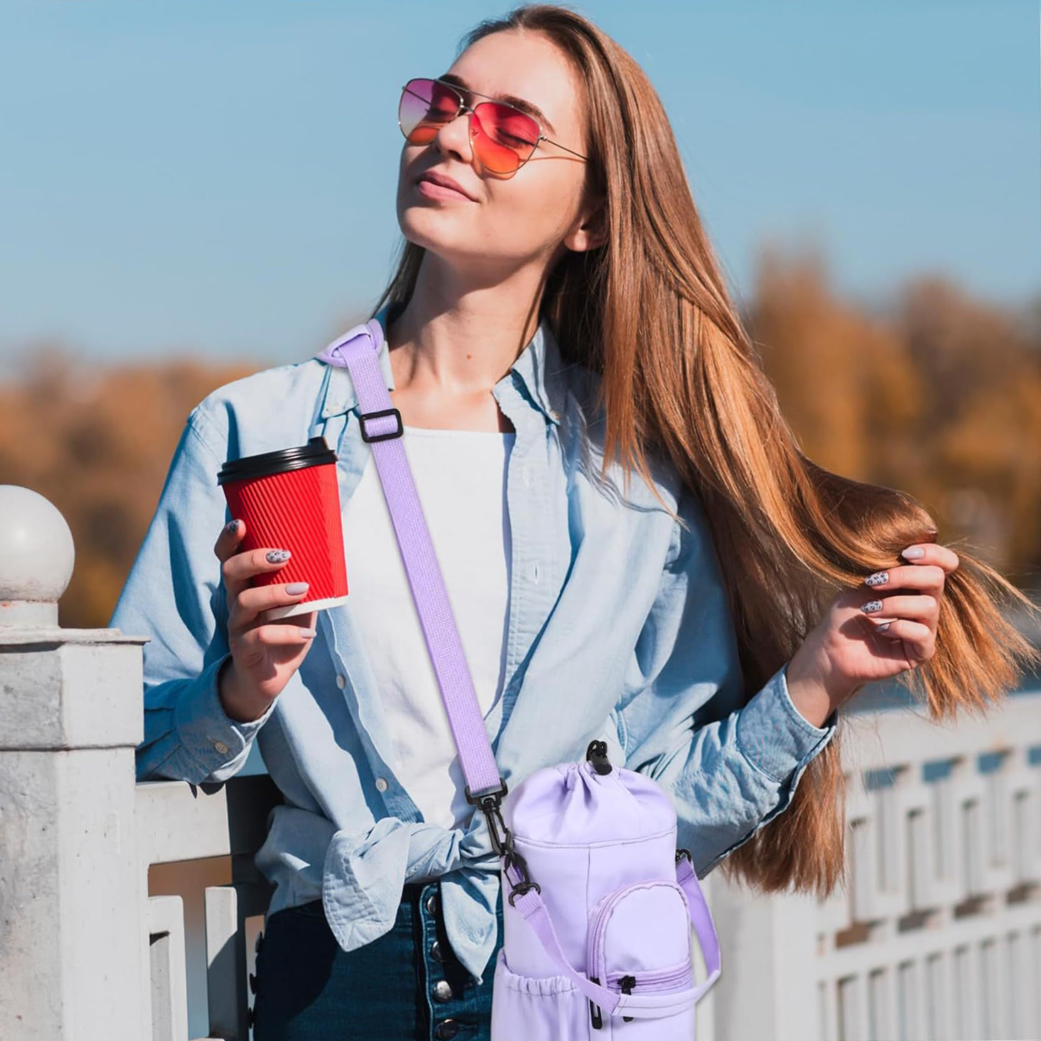 Bolso cruzado portátil personalizado para botella de agua con cordón, bolso ligero con aislamiento para taza de agua, con múltiples bolsillos de almacenamiento