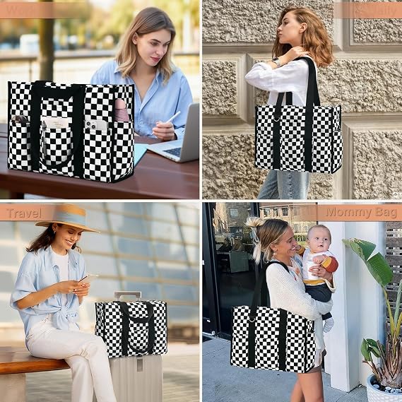 Bolso de mano para mujer con patrón de tablero de ajedrez impermeable a la moda, bolso de viaje portátil con múltiples bolsillos de gran capacidad