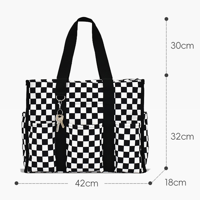 Bolso de mano para mujer con patrón de tablero de ajedrez impermeable a la moda, bolso de viaje portátil con múltiples bolsillos de gran capacidad