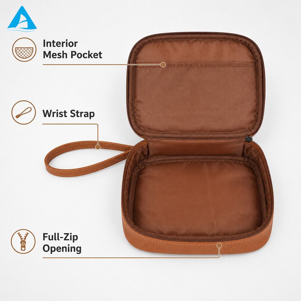 Bolsa de maquillaje y cosméticos de PU con cremallera impermeable de gran capacidad con logotipo personalizado de fábrica con mango suave para uso en viajes de mujer