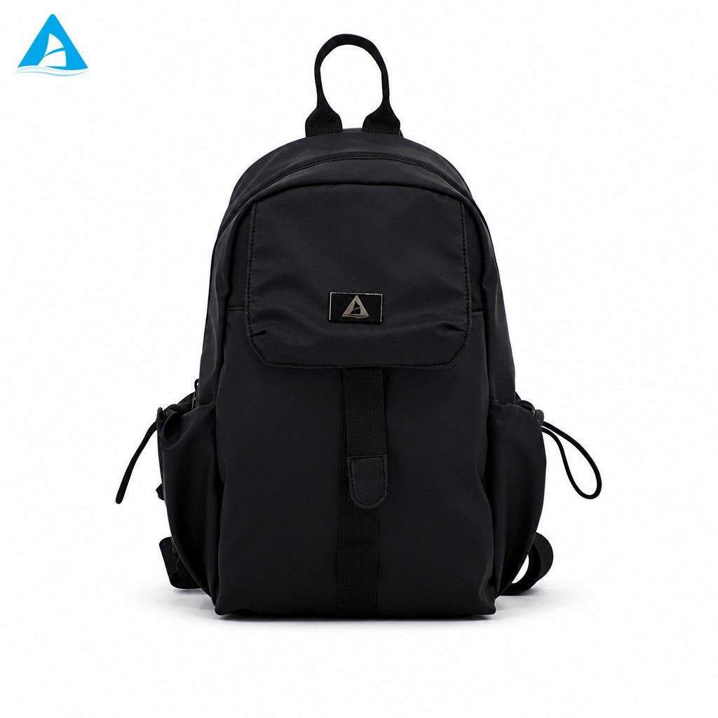 Bolso de hombro negro Mochila pequeña de nailon de primera calidad resistente al agua con bolsillo con solapa y bolsillos laterales con cordón para uso diario