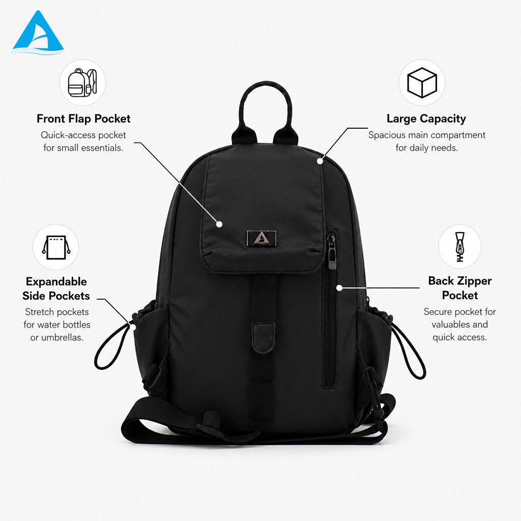 Bolso de hombro negro Mochila pequeña de nailon de primera calidad resistente al agua con bolsillo con solapa y bolsillos laterales con cordón para uso diario